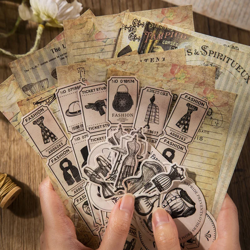 60Pcs Vintage Ephemera & Sticker Kit
